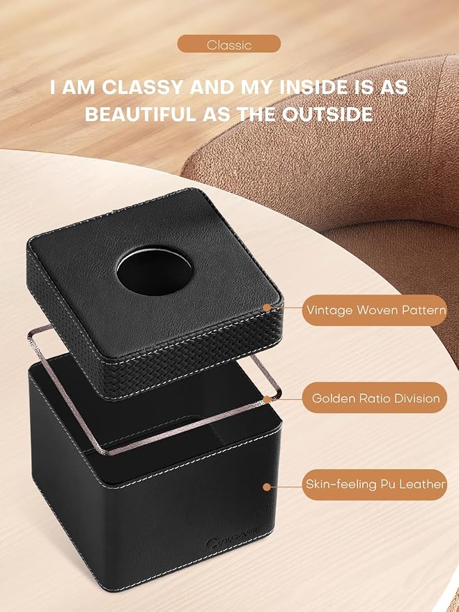 Tissue Box Holder Cover, Modern PU Leather Square Decorative Tissue Holder Organizer-Woven New Black