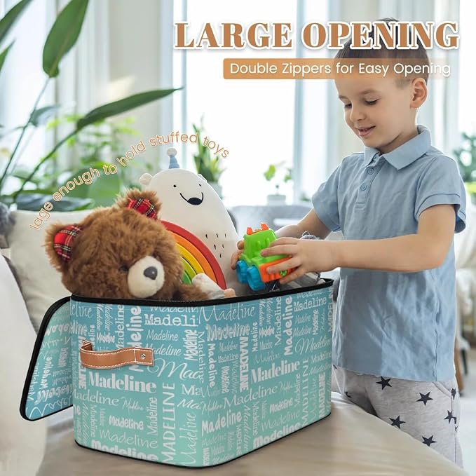 Custom Storage Basket with Name, Personalized Keepsake Box with Zipper Lid, Foldable Fabric Memory Bin Large capacity with Handle Grey Blue Green