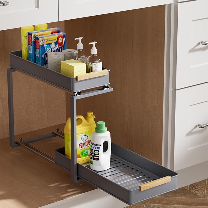 Pull Out Under Sink Organizer, 2 Tier Slide Out Drawer for Kitchen, Bathroom and Cabinet Storage, Steel, Gray