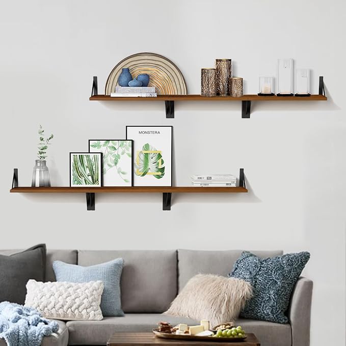 Forbena Walnut Brown Wall Bookshelf for Bedroom, Wooden Floating Book Shelves for Office, Small Wall Shelving Unit for Living Room Nursery Kitchen Bathroom Kids Room (Walnut Color)