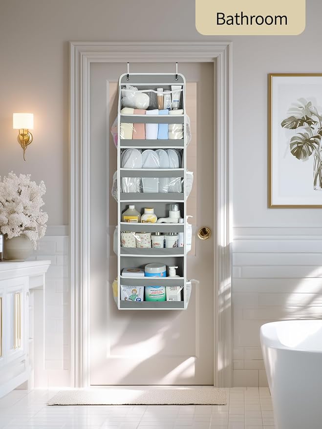 Yecaye 5 Tier Over the Door Organizer, Swing-proof Door Organizer Hanging with Clear PVC Windows, Behind the Door Storage for Bedroom Nursery Closet Laundry Pantry Bathroom, Grey