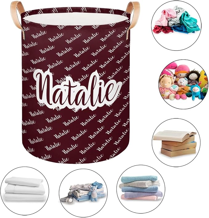 Personalized Laundry Basket, Custom Gift Laundry Hamper, Collapsible Nursery Waterproof Laundry Baskets, Dirty Clothes Toy Hamper with Handles Name Dark Red