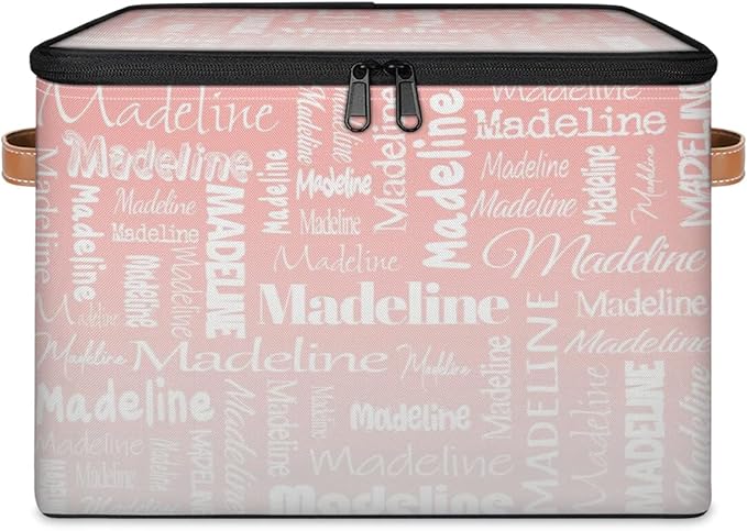 Custom Storage Basket with Name, Personalized Keepsake Box with Zipper Lid, Foldable Fabric Memory Bin Large capacity with Handle Pink White