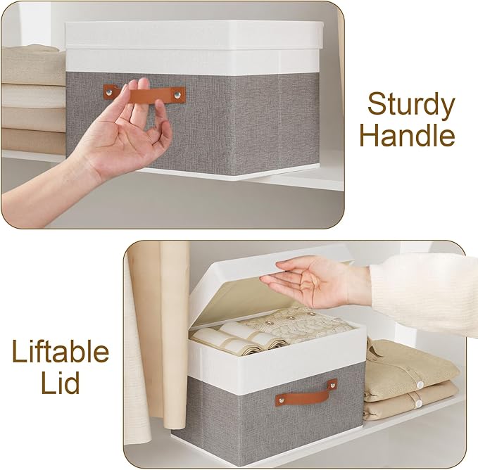 Storage Bins with Lids,White/Grey Baskets,3Pack,15x9.8x9.8In | Storage Baskets with Handles,Fabric Clothing Boxes, Collapsible Organizer,Closet Container Cubes for Shelves Wardrobe
