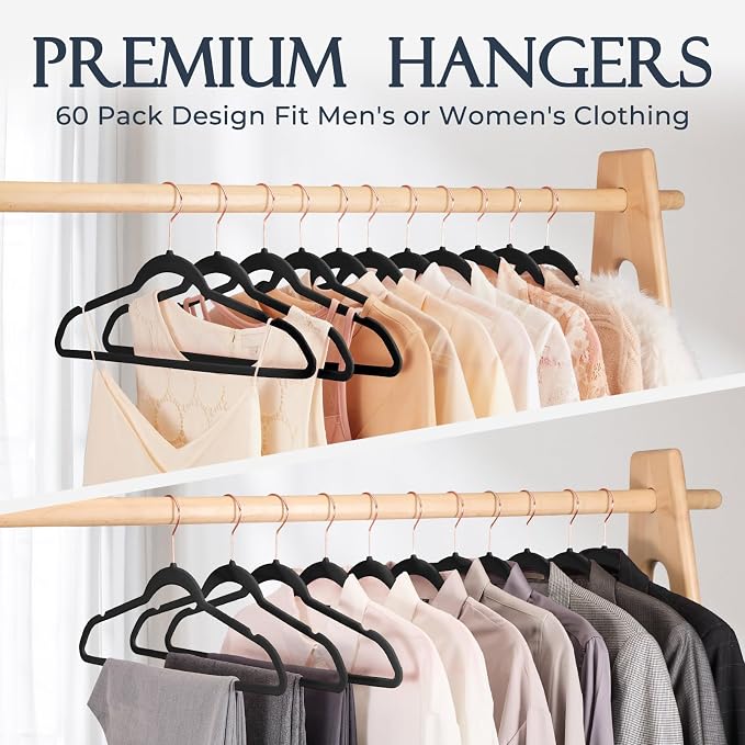 HOUSE DAY Velvet Hangers 20 Pack, Premium Clothes Hangers Non-Slip Felt Hangers, Sturdy Black Hangers Heavy Duty Coat Hangers, Durable Suit Hangers, Space Saving 360° Rotating Rose Gold Hook