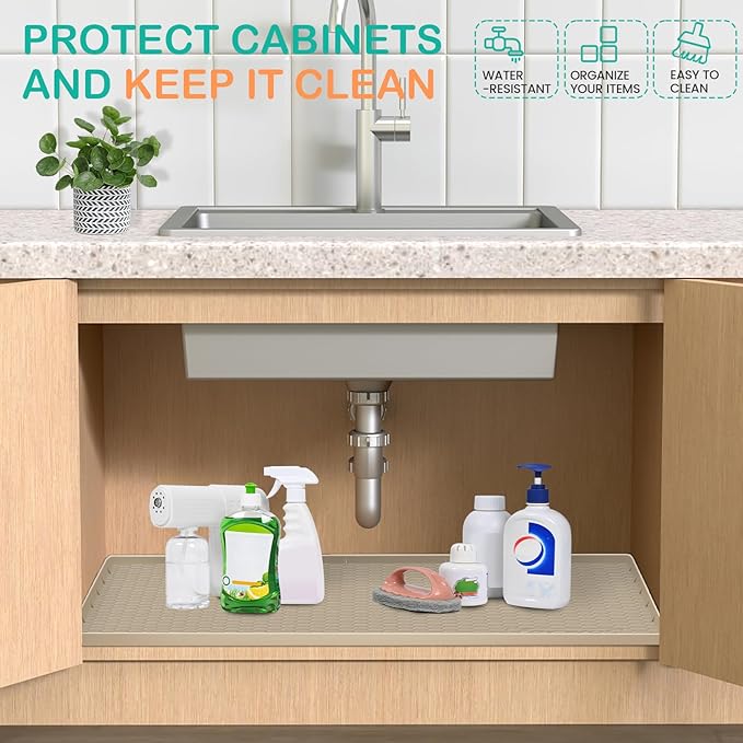 Waterproof Under Sink Mat 22" x 19", Silicone Cabinet Liner, Rubber Protector for Kitchen and Bathroom, Keeps Cabinets Clean, Dry, and Organized (Brown)