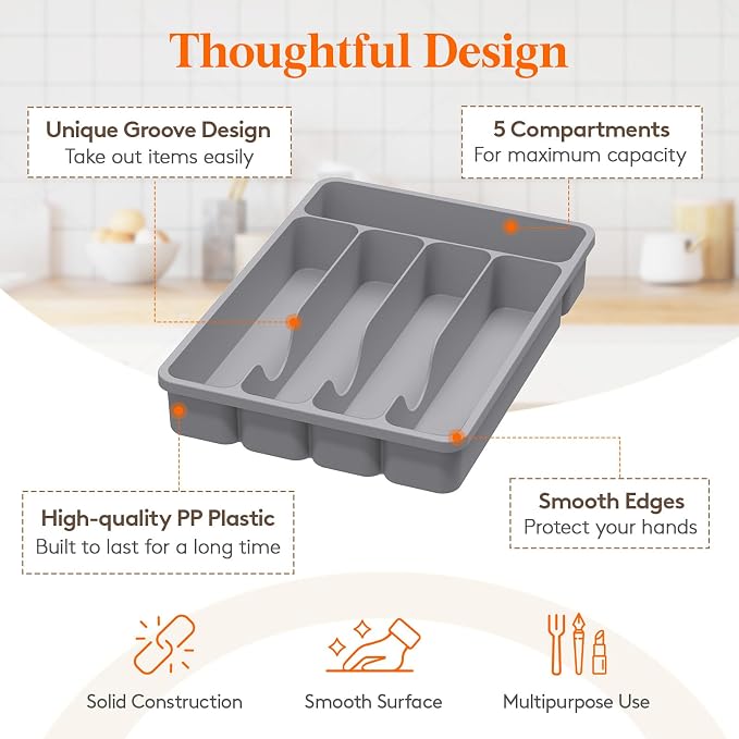 Lifewit Silverware Organizer with Lid, Covered Utensil Tray for Kitchen Drawer and Countertop, Plastic Cutlery and Flatware Storage Box for Spoons Forks Knives Holder Case, 23 x 32 cm, Gray
