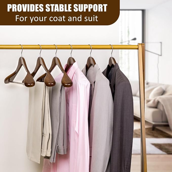 Amber Home 6 Pack Wide Shoulder Wooden Suit Hangers, Walnut | Walnut Wood Coat Hangers with Non Slip Pants Bar, Clothes Hangers for Jackets, Sweaters, Pants & Heavy Clothes