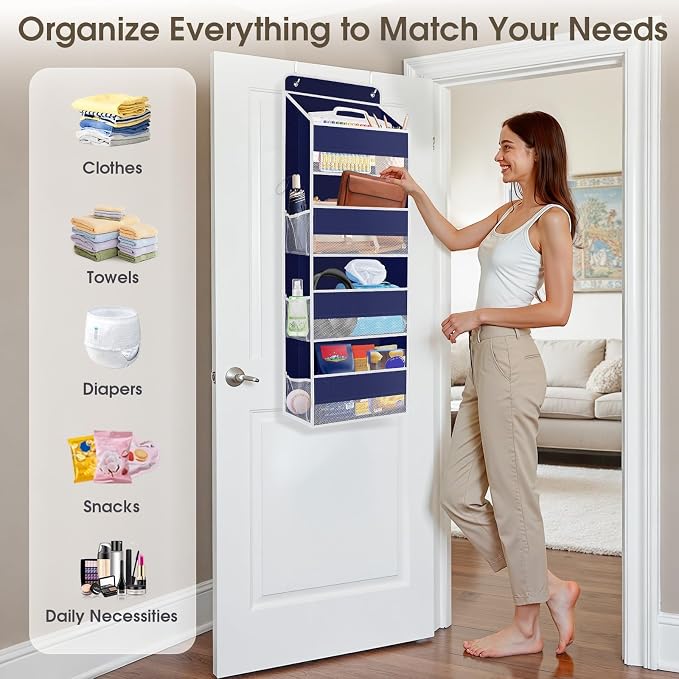 SpaceHacks 2 Pack Over The Door Organizer, Hanging Storage Organizer with Clear Window, 40lb Ultra Sturdy Large Capacity Room Organizer for Pantry Laundry Bathroom Nursery Closet (Blue)