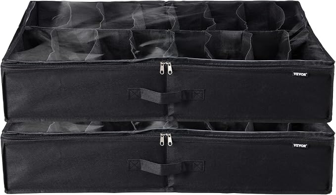 VEVOR Under Bed Shoe Storage Organizer, Set of 2, Total 32 Compartments, Underbed Shoes Closet Storage Solution with Clear Window, Breathable, Foldable Fabric Container Box with Reinforced Handles
