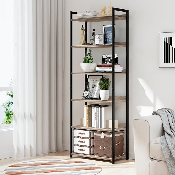 NUMENN Bookshelf, 6 Tier Bookshelves, Home Office Bookcase Shelf Storage Organizer, Free Standing Storage Shelving Unit for Bedroom, Living Room and Home Office, Grey