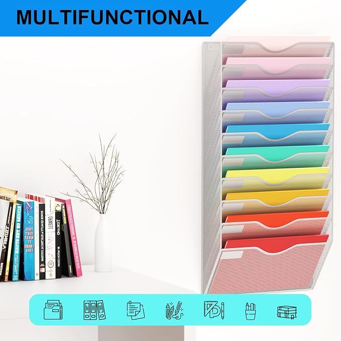 10 Pockets Mesh Hanging Wall File Holder Organizer Wall Mounted Paper Magazine Rack, Silver