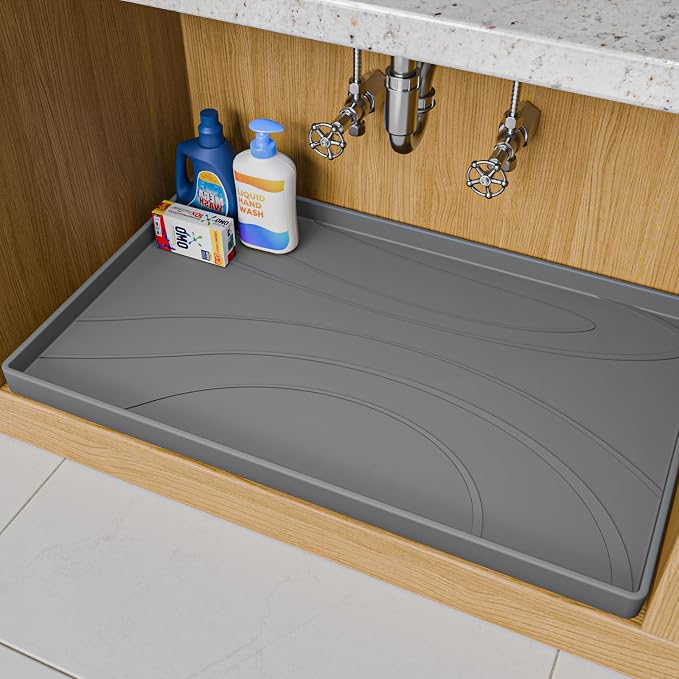 Under Sink Mat 31" x 22", Silicone Under Sink Liner for Kitchen and Bathroom, Waterproof Cabinet Protector Drip Tray, Protects Cabinets from Leaks and Spills