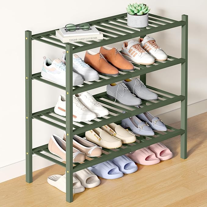 Smiry Bamboo Shoe Rack for Closet, 4 Tier Wooden Shoe Organizer, Stackable Wood Shoe Storage Shelf for Entryway, 14 Vertical Slats, 2+2 Stack Heavy-Duty Legs, 26.77"x11.02"x25.98", Green