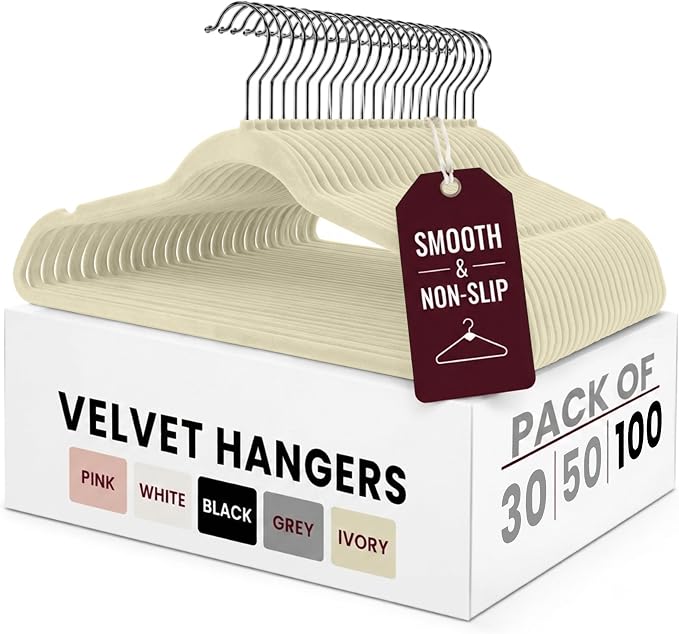 LDC Ivory Velvet Hangers 100 Pack - Premium Non-Slip Clothes Coat Pants Felt Hanger for Closet - Heavy Duty Space Saving 360° Swivel Hook Hangars – Ivory