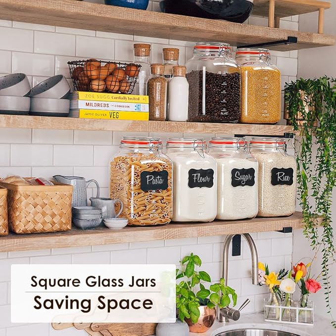 [UPGRADE] 2 Pack Square Super Wide Mouth Airtight Glass Storage Containers with Lids, 1.1 Gallon Glass Jars with 2 Measurement Marks, Canning Jars with Leak-proof Lid for Kitchen (Spare Gasket)