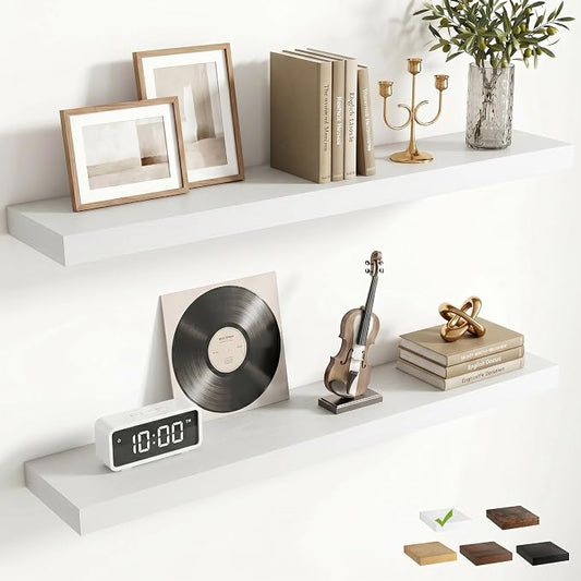 FLYJOE 36 Inch Floating Shelves for Wall Set of 2, 6.5" D Wood Grain Bathroom Shelves with Invisible Brackets, Easy Install Engineered Wood Storage Shelves for Kitchen, Living Room, Bedroom