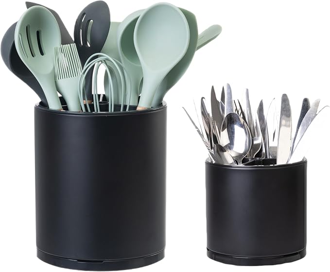 LIBODOUR Kitchen Utensil Holder Extra Large Rotating For Counter Organizer Stainless Steel Storage Cooking Silverware Caddy 3 Compartment Flatware Spoon Spatula Tool Cutlery Container（2 Set Black）