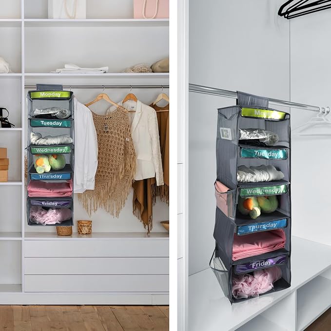 5 Shelf Weekly Clothes Organizer for Kids Daily (Grey) | Days of The Week Clothes Organizer Kid Outfit, Weekday Hanging Closet Shelves with 6 Side Pockets Monday Through Friday