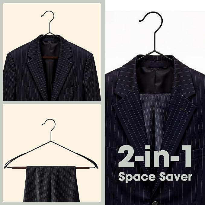 Metal Hangers 24 Pack Suit Hangers,Sweater Hangers No Shoulder Bump,Wide Shoulder Hangers with Wood Pant Bar,Suit Hangers for Men,for Sweaters, Suits, Dresses, Jackets, Pants
