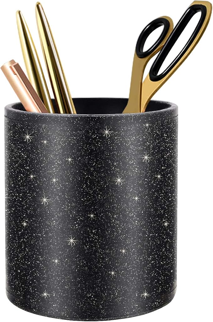 Pen Holder for Desk,Stand for Office Luxury Glitter Pencil Cup for Women Men Leather Organizer for Adult Teen, Black