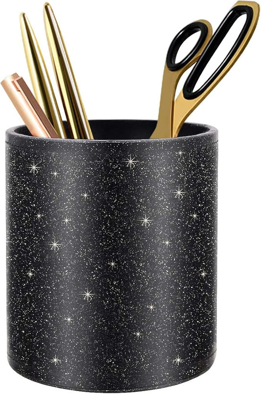 Pen Holder for Desk,Stand for Office Luxury Glitter Pencil Cup for Women Men Leather Organizer for Adult Teen, Black