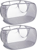 Durable Collapsible Laundry Baskets, Mesh Pop Up Laundry Hamper with Side Pocket, Foldable Clothes Hamper with Reinforced Carry Handles for Laundry, Bathroom, Kids Room, Dorm or Travel 2 Pack Grey