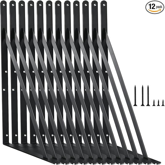 12 Pack L14 x H 10" Black Heavy Duty Shelf Brackets with Screws Metal Shelf Brackets Shelf Support Angle Brackets for Shelves L Brackets Heavy Duty Floating Shelf