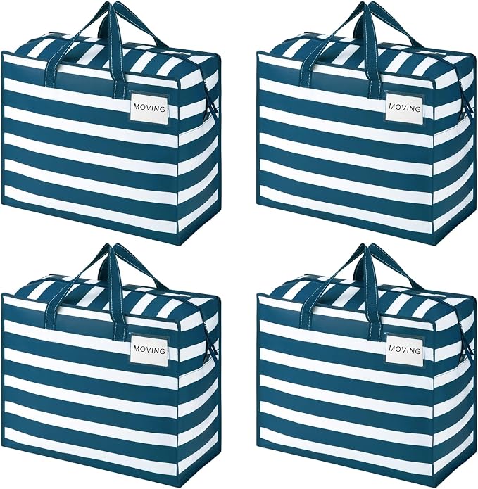 VENO 4 Pack Heavy Duty Moving Bags, Storage Bags, Packing Supplies, Top Zipper, Storage Totes for Camping, Clothes, Bedding, Comforters, Pillows (13 Gallon, Classic Navy Stripe, 4 Pack)