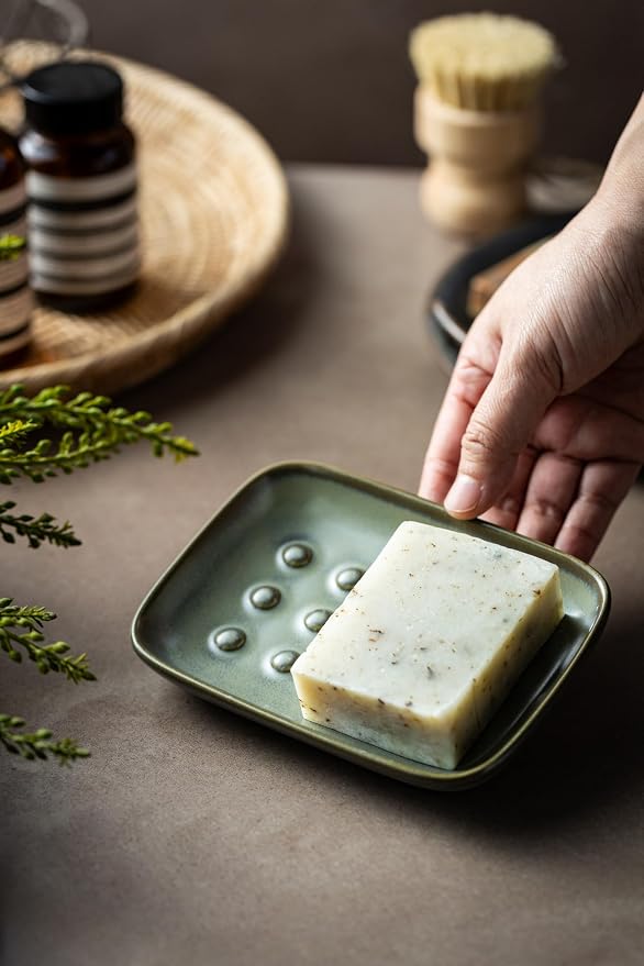 Miamolo Ceramic Soap Dish for Shower, Non-Slip Bar Soap Saver Tray Bar for Bathroom Kitchen Sink Bathtub, Easy to Clean, Dishwasher Safe, Raised Pattern - Keep Soap Dry, Dark Green