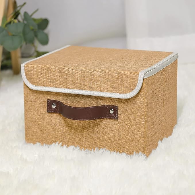 ANMINY Storage Bin with Lid Storage Boxes with PU Leather Handles PP Plastic Board Decorative Foldable Lidded Cotton Linen Fabric Home Cubes Baskets Closet Organizer Container - Khaki, Small Size