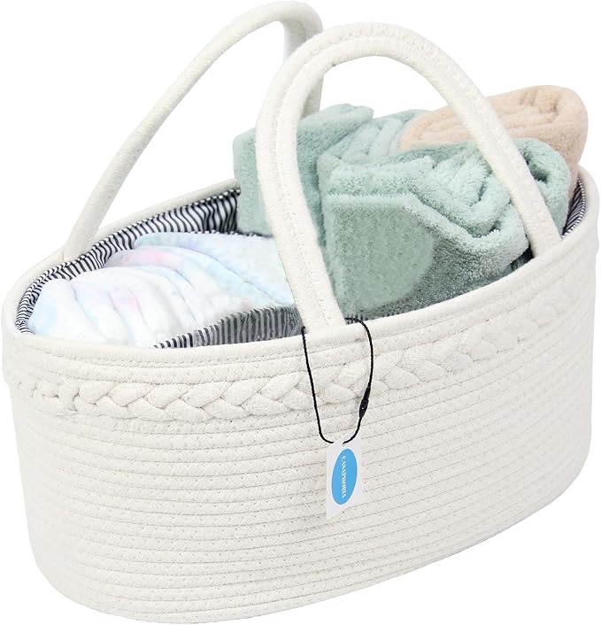 Casaphoria Woven Sundries Hamper - Cotton Rope Basket for Storage, Caddy, Organizer with Handle - Cream White (14.2"x8.5"x7.1")