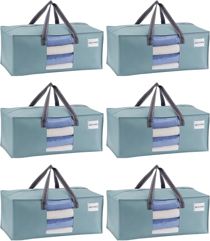 VENO 6 Pack Heavy Duty Moving Bags, Packing Bags with Clear Window, Alternative to Moving Boxes, Storage Bins for Clothes, Blankets, Comforters, College Dorm Essentials (Light Blue Matte, 6 Pack)