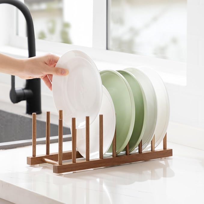 HBlife 2pcs Acacia Wooden Dish Dying Rack Pot Lid Plate Organizer Holder for Cabinet, Cutting Board Stand Drainer Storage Plate Rack for Dish, Pot Lid, Bowl, Cup, Cutting Board and Books