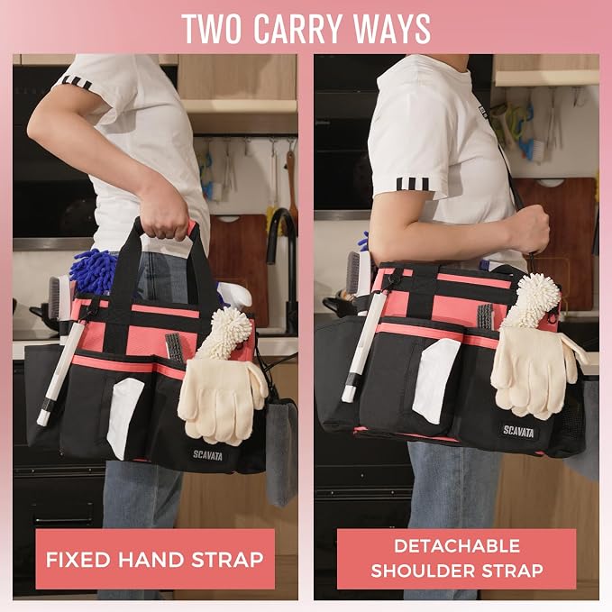 SCAVATA Compact Wearable Cleaning Caddy, Small Cleaning Supplies Organizer with Handle & Shoulder Straps for Housekeepers, under Sink & Car Cleaning Tool Organizers Bag (Coral Pink)