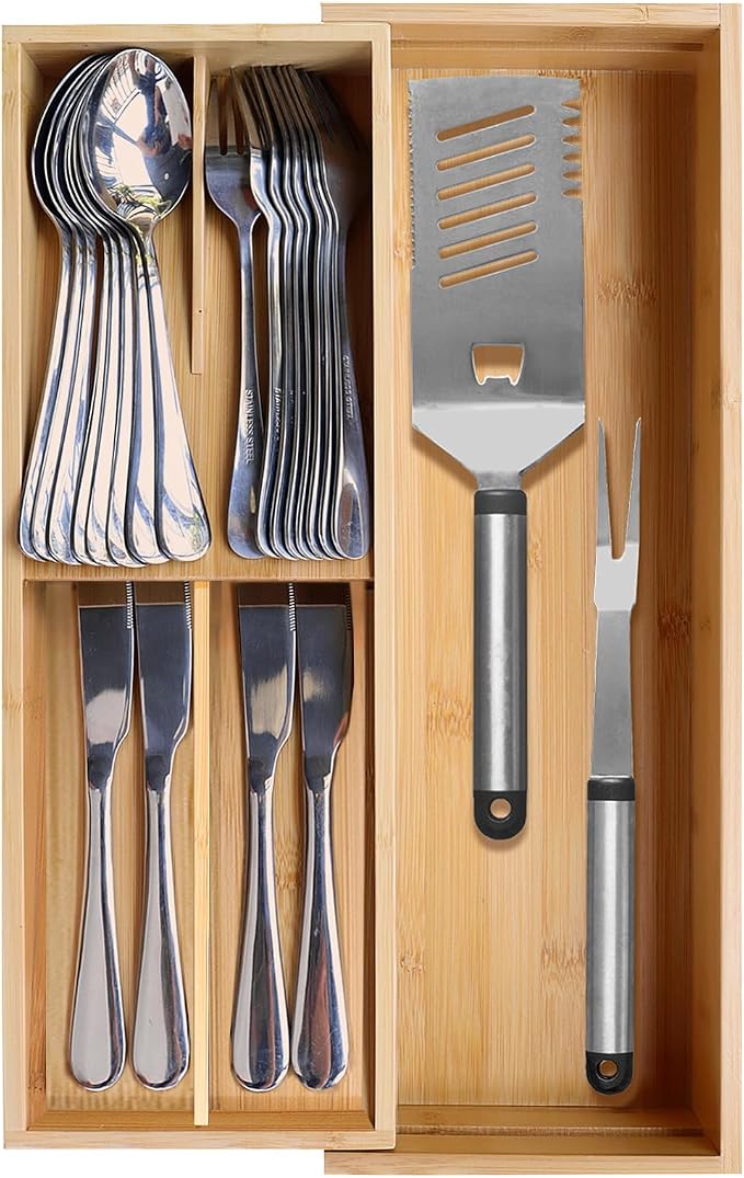 guiogc Expandable Bamboo Kitchen Drawer Organizer - Silverware Organizer - Utensil Holder and Cutlery Tray for Flatware Organizers and Kitchen Utensils