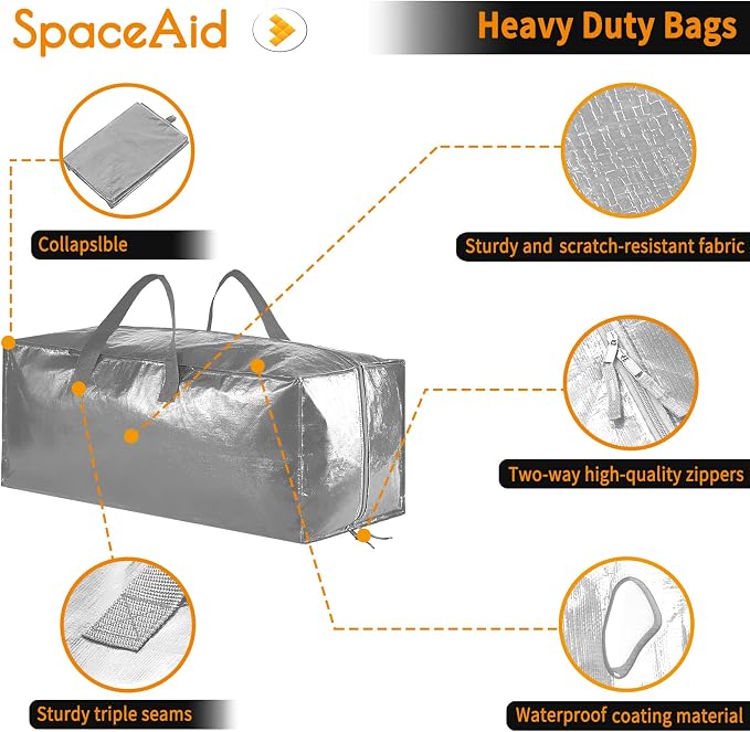 SpaceAid Heavy Duty Moving Bags, Extra Large Storage Totes W/Backpack Straps Strong Handles & Zippers, Alternative to Moving Boxes, Packing & Moving Supplies, Gley (6 Pack)
