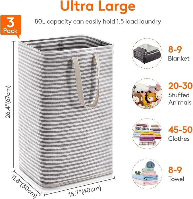 Lifewit 3 Pack Laundry Basket 80L Each, Collapsible Clothes Hamper with Reinforced Handles, Freestanding Waterproof Design for Bedroom and Laundry Room, Black 240L Total