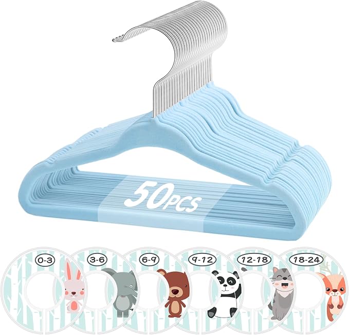 VIS'V Velvet Baby Hangers with 6 Pcs Size Dividers, 11 Inch, Blue, 50 Pcs | Compact Size, Non Slip, Infant Toddler Nursery Closet Organization