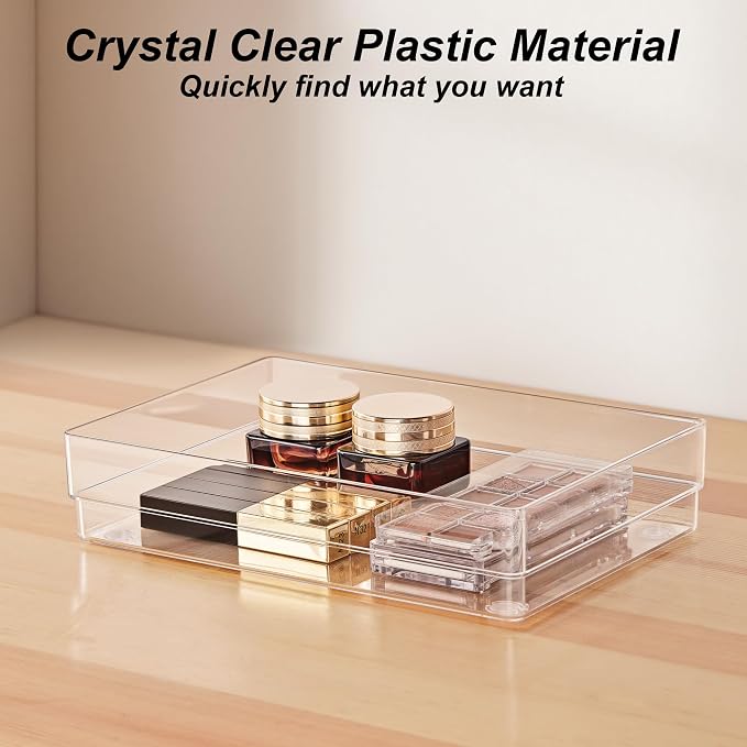 SMARTAKE 7-Piece Drawer Organizer with Non-Slip Silicone Pads, 4-Size Desk Drawer Organizer Trays Storage Tray for Makeup, Jewelries, Utensils in Bedroom Dresser, Office and Kitchen (Clear)