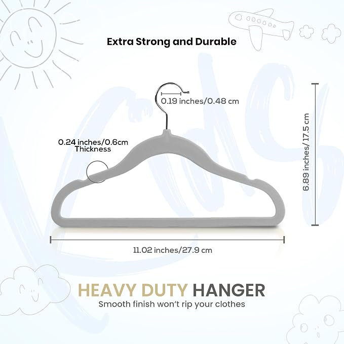 Utopia Home Kids Velvet Hanger 50 Pack – 11" Premium Baby Hangers - Grey | Premium Non-Slip Baby Hangers for Baby and Toddlers, Durable Ultra-Slim Space-Saving Closet Organizers