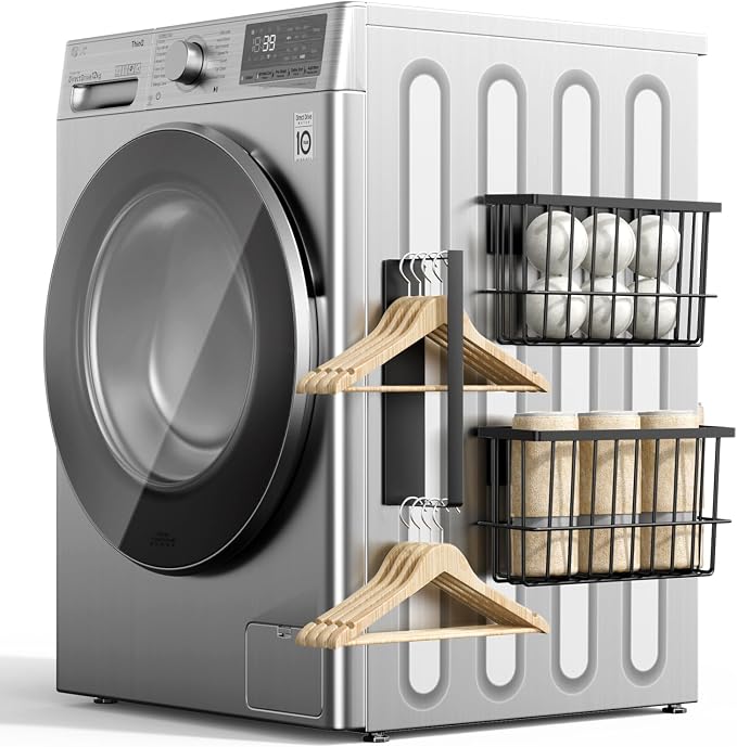 FAMNONE Magnetic Laundry Organizer, Dryer Ball Holder & Hanger Rack | Magnetic Lint Bin, Fridge Basket, Washer Dryer Organizer, Metal Magnetic Basket for Kitchen, Fidge, Laundry