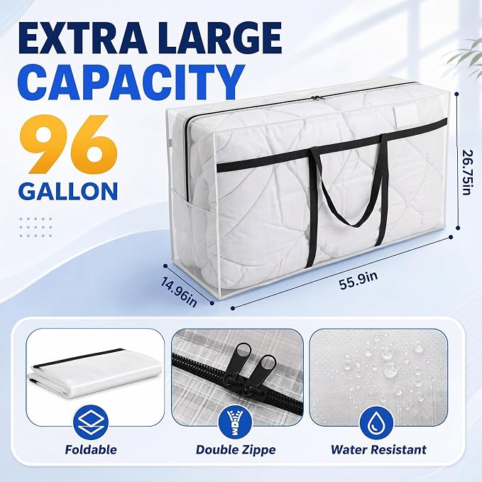 Windyun 4 Pack 98 Gallon Extra Large Moving Bags XXL Heavy Duty Storage Bag with Strong Zipper Handle Jumbo Big Tote Box Foldable for College Dorm Travel Clothes Duffle Blanket Pillow(Transparent)