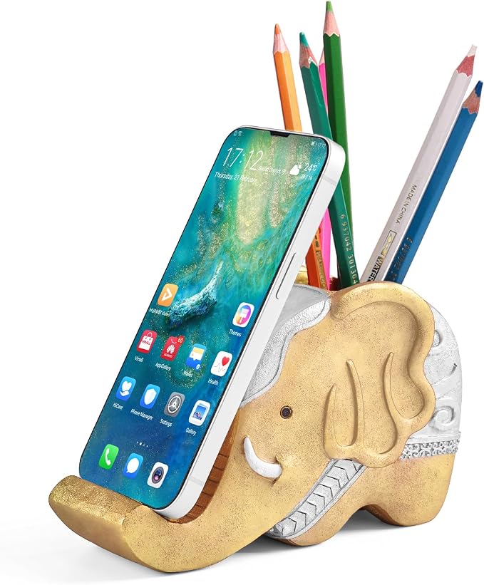 MOKANI Elephant Pencil Holder with Phone Stand, Elephant Gifts for Women | Office Home Desk Organizer Accessories Cute Desk Decor Decorations Thanksgiving Christmas Christmas Gift