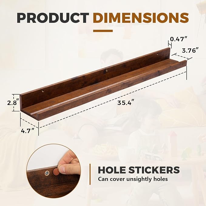 Muzilife 35.4" Large Floating Shelves Wood Wall Shelf with Lip, 2Pcs, Honey | FSC-Certified Wood | 20 lbs Capacity | Space-Saving | Hanging Shelf | Wall Decor| Bedroom,Living Room,Bathroom,Kitchen,Office
