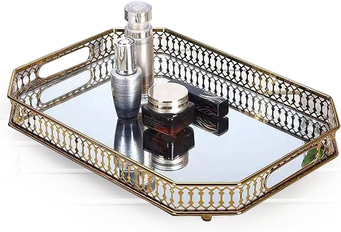 Vintage Gold Mirrored Vanity Tray – Decorative Perfume and Makeup Organizer with Handles for Dresser, Bathroom or Jewelry Display, Large Size 13.8" X 9.6" X2.2"