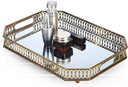 Vintage Gold Mirrored Vanity Tray – Decorative Perfume and Makeup Organizer with Handles for Dresser, Bathroom or Jewelry Display, Large Size 13.8" X 9.6" X2.2"