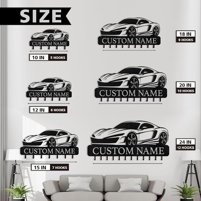 Dyoart Personalized Key Holder Wall Mount - Custom Key Rack Wall Mount with Hooks, Metal Key Rack Organizer, Car Design Key Hanger, Coat Rack, Wall Mounted Decor for Entryway, Front Door, Office
