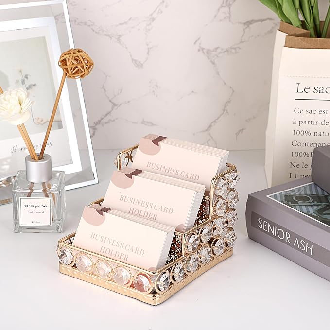 Hipiwe Crystal Business Card Holder - 3 Tiers Gold Mirrored Name Card Display Stand Desktop Business Card Storage Organizer for Office Desk, Holds 120 Business Cards