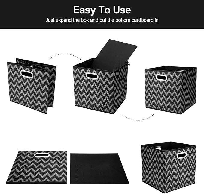 Cloth Storage Bins Set of 4 Thick Fabric Drawers Foldable Cubes Basket Organizer Container with Dual Metal Handles for Shelf Cabinet Bookcase Boxes Grey-Black 13x13x13 inch